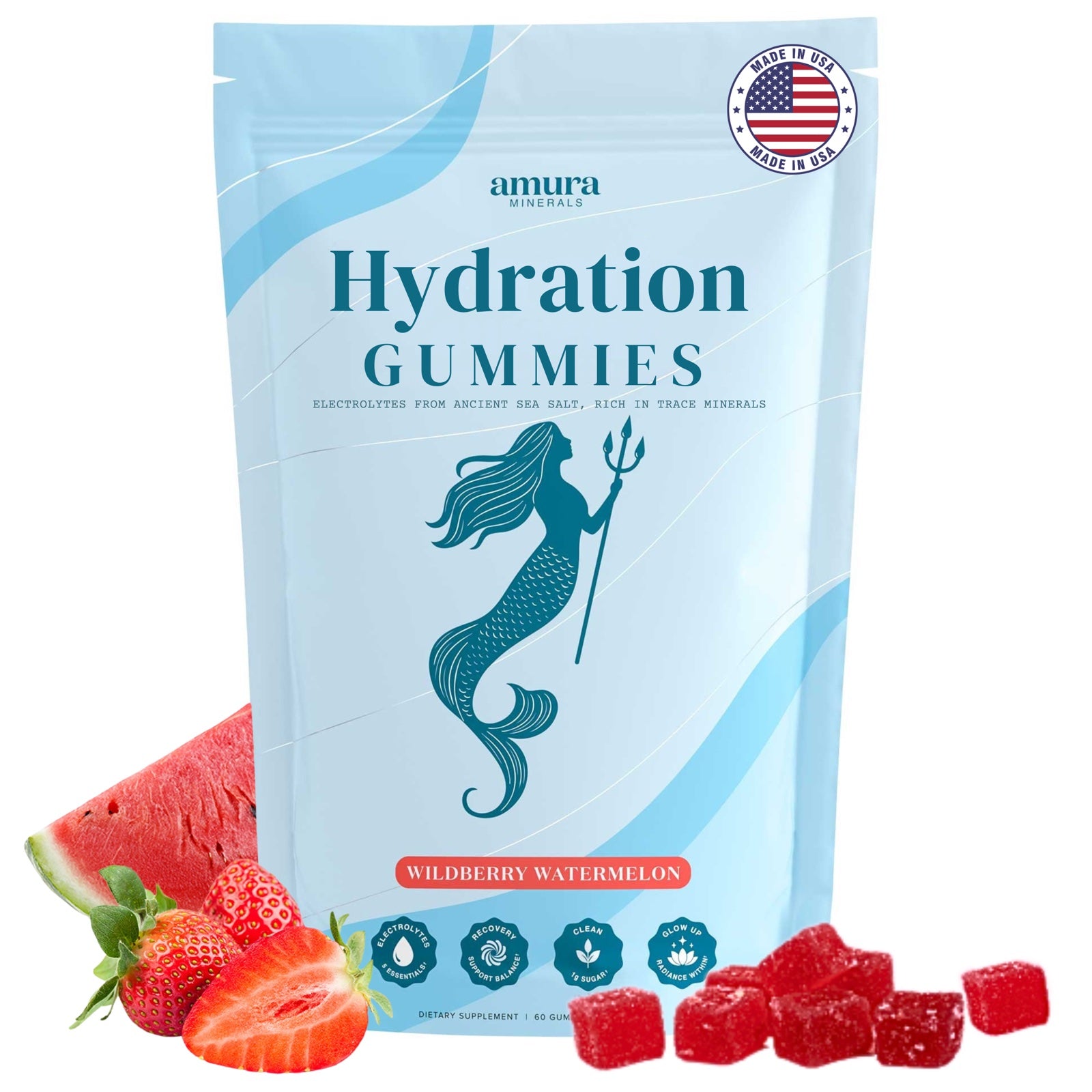 Amura Minerals Hydration Gummies bag with watermelon, strawberries and gummies